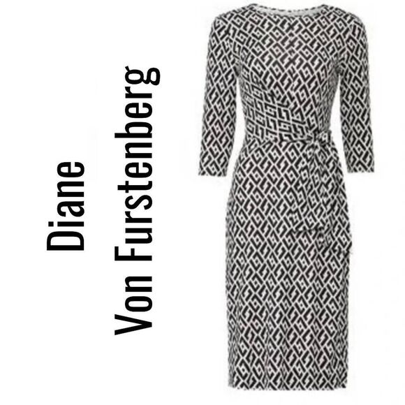 DVF New Julian Silk Jersey Wrap Dress Black White Chain Link Print | Large - Picture 1 of 14